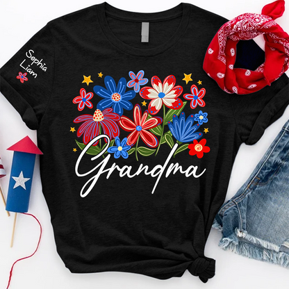 Personalized Grandma T Shirt with Colorful Floral Design, Custom Gift for Grandma, Perfect for Mother’s Day, 4th of July Shirt