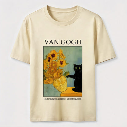 Van Gogh Sunflowers Black Cat T-Shirt