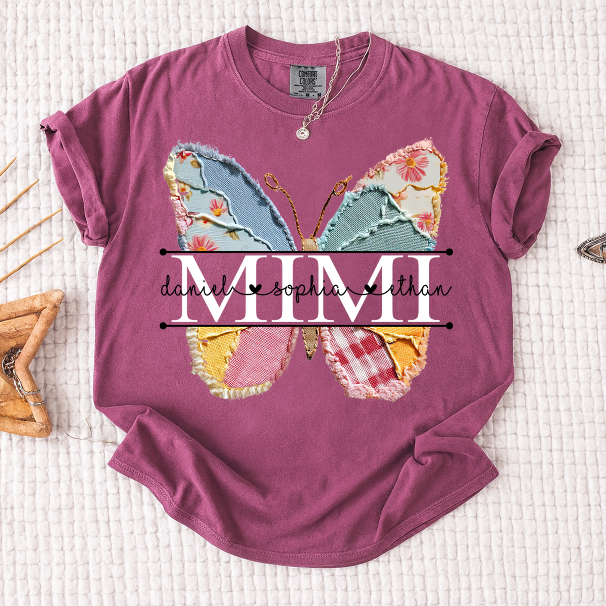 Comfort Colors Custom Mimi T Shirt, Floral Butterfly Design with Grandkids Names, Personalized Family Tee