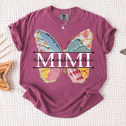 Comfort Colors Custom Mimi T Shirt, Floral Butterfly Design with Grandkids Names, Personalized Family Tee