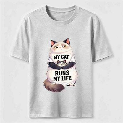 My Cat Runs My Life Funny Cat Lover Graphic Tee