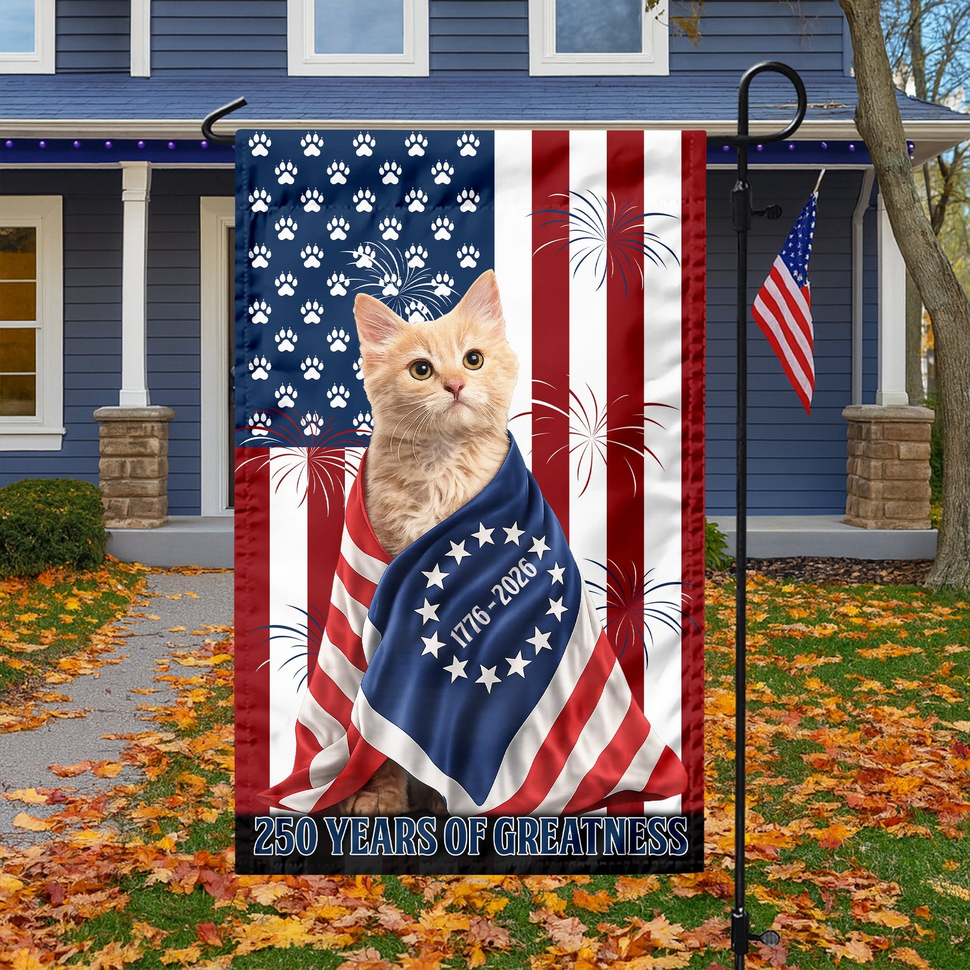 Custom Photo My Dog, Cat Loves USA 250 Patriotic Garden Flag HA75 898908