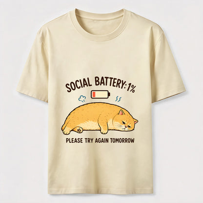 Social Battery 1% Funny Introvert Cat Lover Graphic Tee