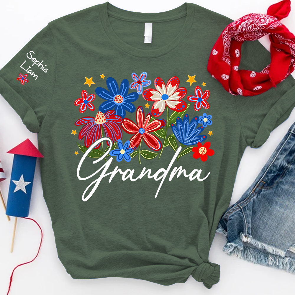 Personalized Grandma T Shirt with Colorful Floral Design, Custom Gift for Grandma, Perfect for Mother’s Day, 4th of July Shirt