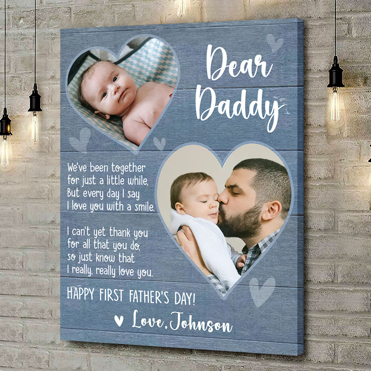 Custom first fathers day canvas with multi-photo hearts and a rustic blue wood design for a new dad.