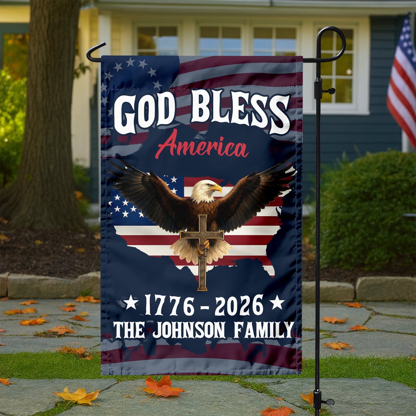 Custom Family Name Patriotic 250th Anniversary God Bless America Eagle 1776–2026 Garden Flag HO82 900870