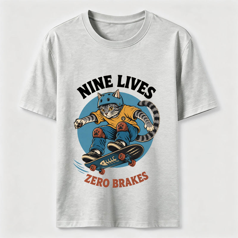 Nine Lives Zero Brakes Skateboarding Cat T-Shirt