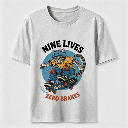Nine Lives Zero Brakes Skateboarding Cat T-Shirt
