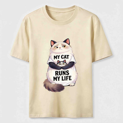My Cat Runs My Life Funny Cat Lover Graphic Tee