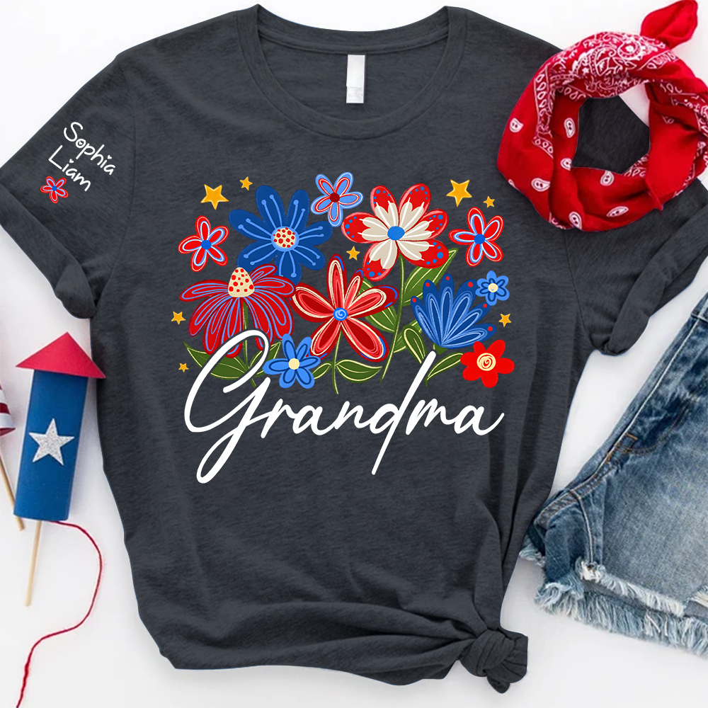 Personalized Grandma T Shirt with Colorful Floral Design, Custom Gift for Grandma, Perfect for Mother’s Day, 4th of July Shirt