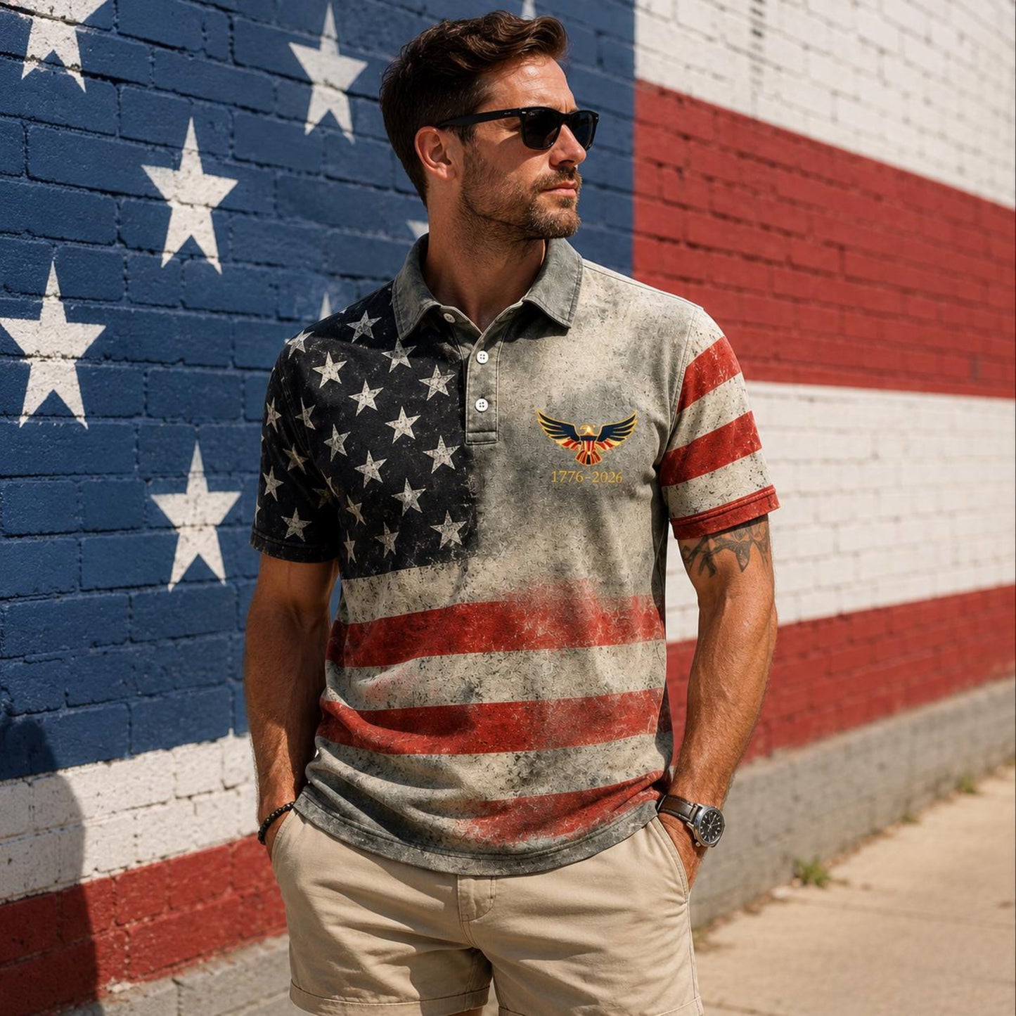 Vintage Patriotic Polo Shirt, USA Flag Mens Polo, 1776 2026 America 250th Shirt, 4th of July Summer Shirt