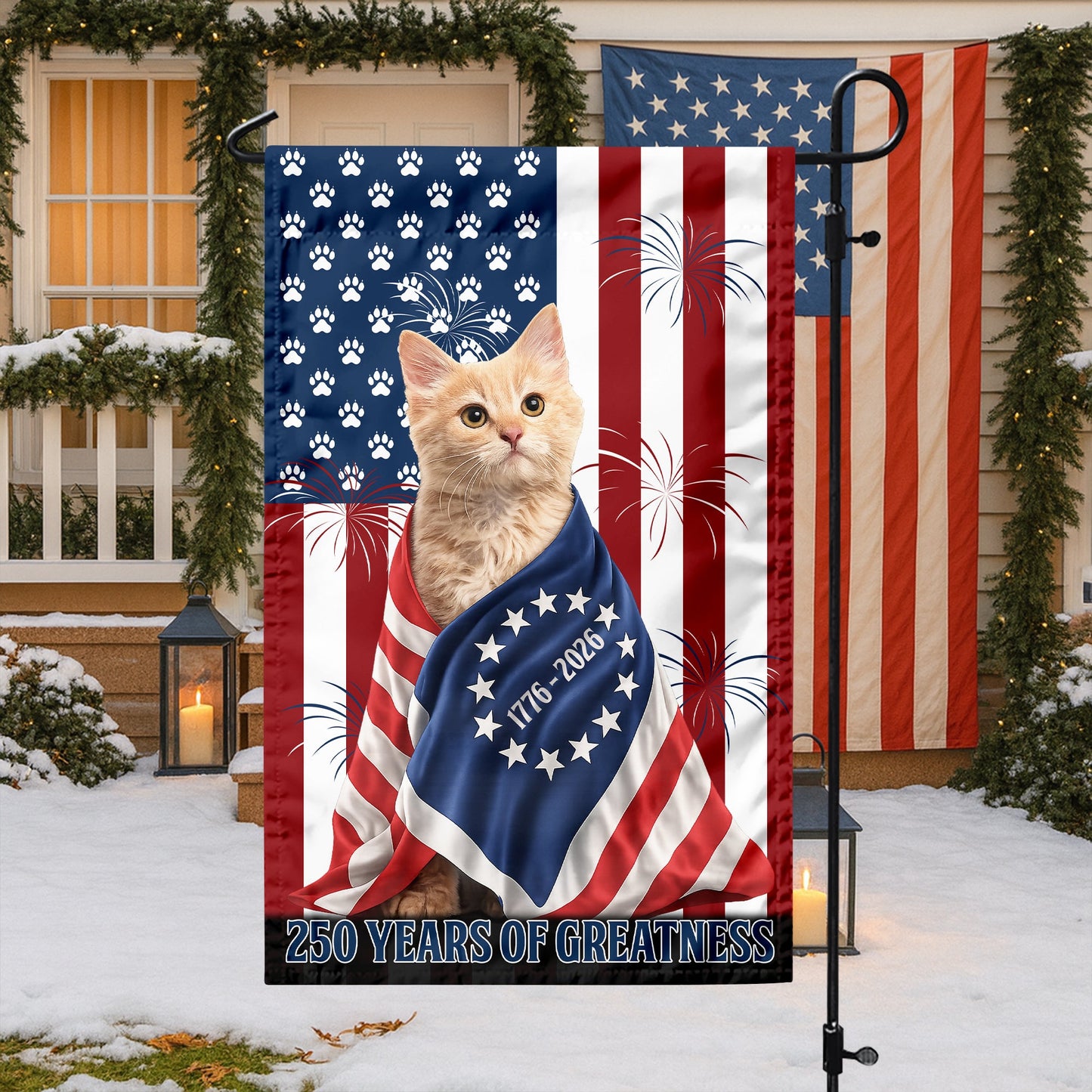 Custom Photo My Dog, Cat Loves USA 250 Patriotic Garden Flag HA75 898908