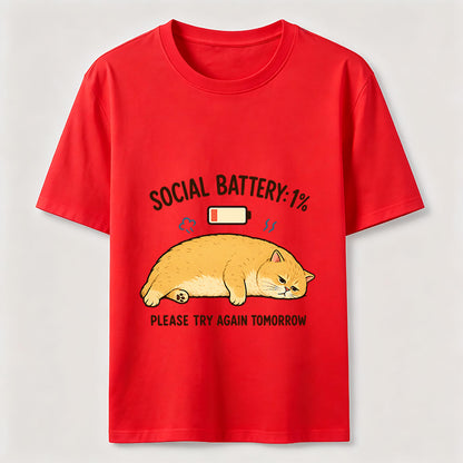Social Battery 1% Funny Introvert Cat Lover Graphic Tee