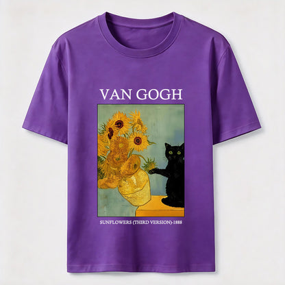 Van Gogh Sunflowers Black Cat T-Shirt