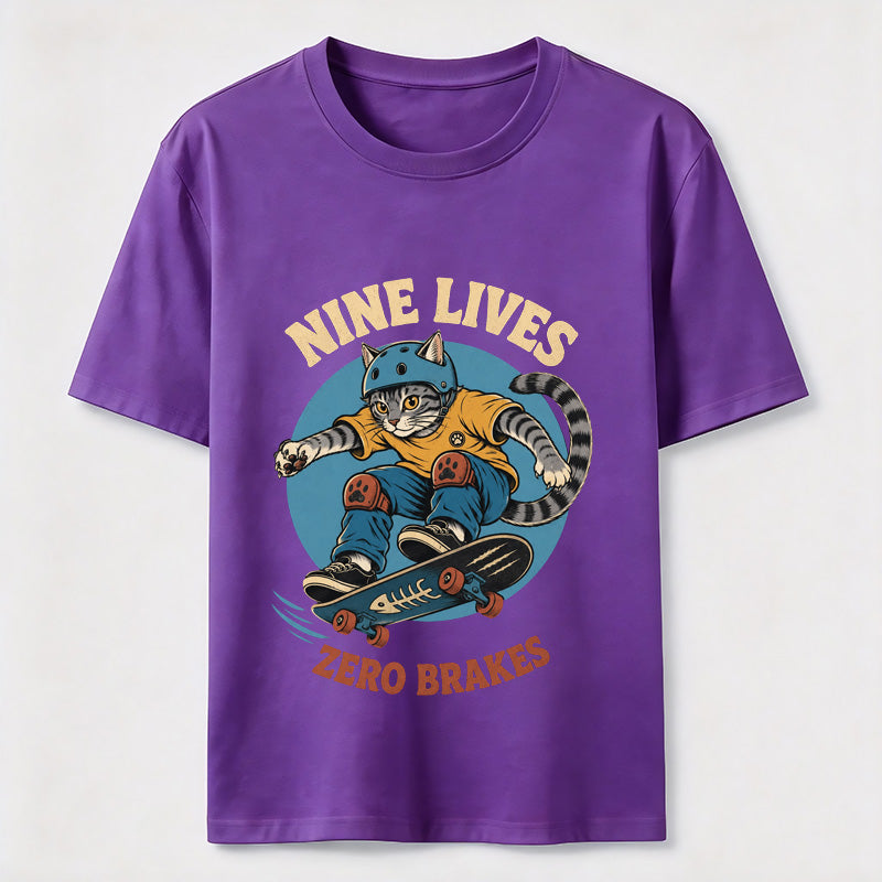 Nine Lives Zero Brakes Skateboarding Cat T-Shirt