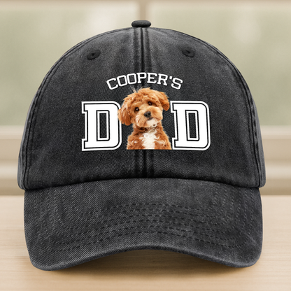 Custom dog dad washed denim baseball cap personalized with dog photo and name