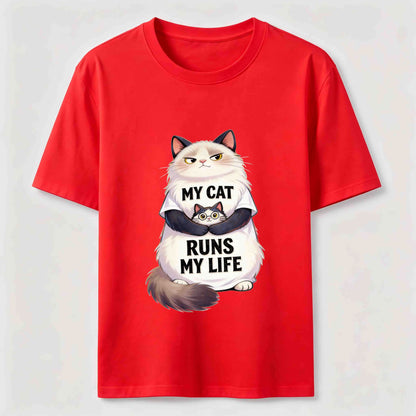My Cat Runs My Life Funny Cat Lover Graphic Tee