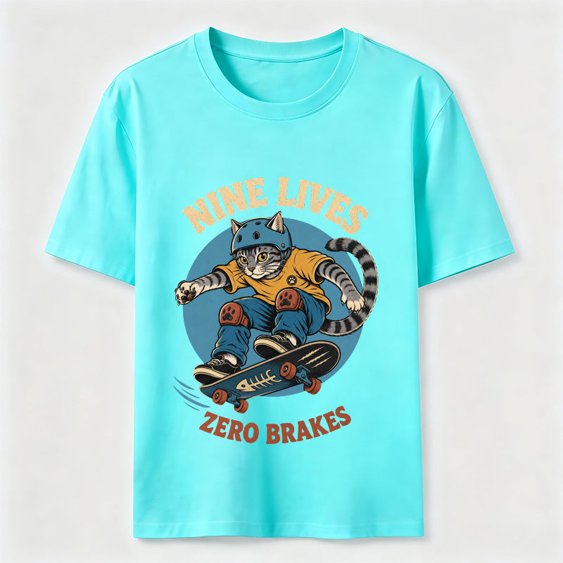 Nine Lives Zero Brakes Skateboarding Cat T-Shirt