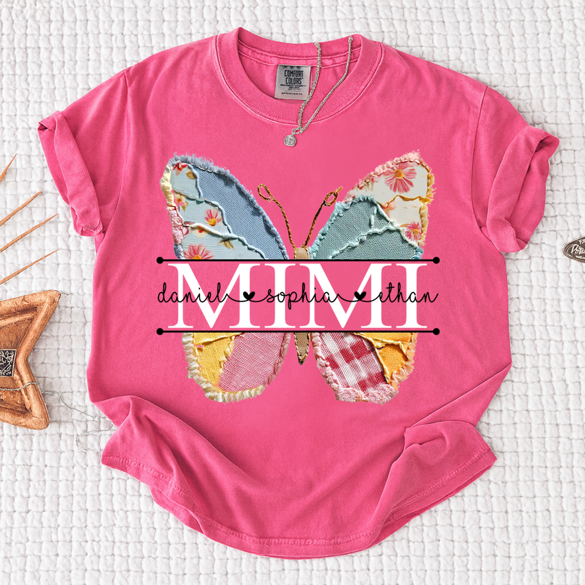 Comfort Colors Custom Mimi T Shirt, Floral Butterfly Design with Grandkids Names, Personalized Family Tee
