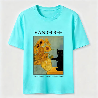 Van Gogh Sunflowers Black Cat T-Shirt