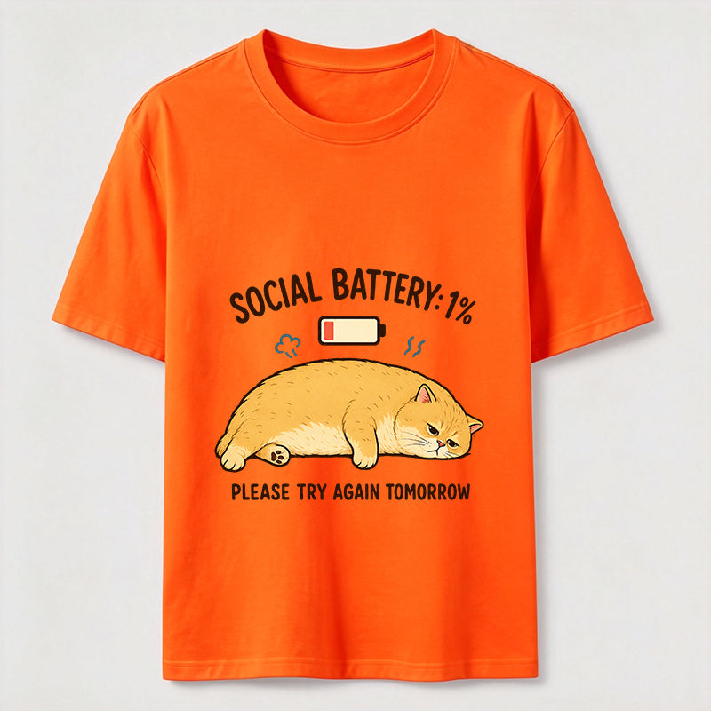 Social Battery 1% Funny Introvert Cat Lover Graphic Tee
