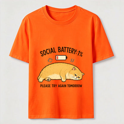 Social Battery 1% Funny Introvert Cat Lover Graphic Tee