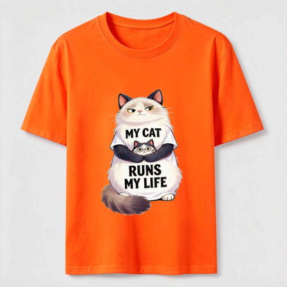 My Cat Runs My Life Funny Cat Lover Graphic Tee