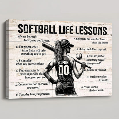 Personalized Custom Softball Life Lessons Canvas / Poster - Custom Motivational Softball Gift For Women Softball Players