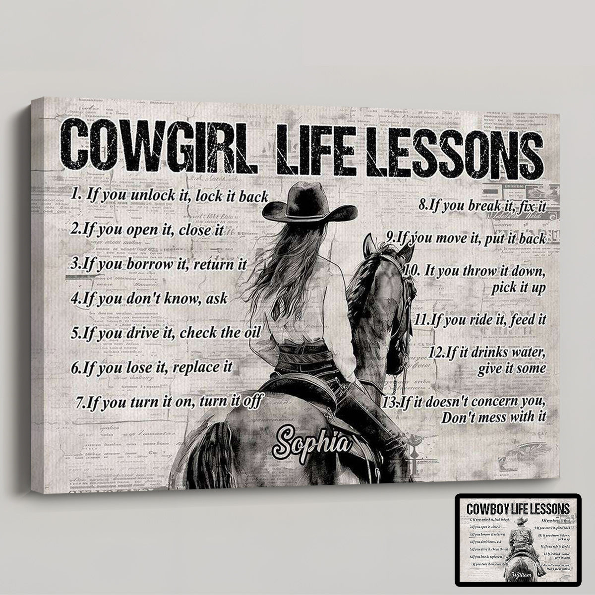 Personalized “Cowboy & Cowgirl” Motivational Poster / Canvas - Custom Gift for Rodeo Fans