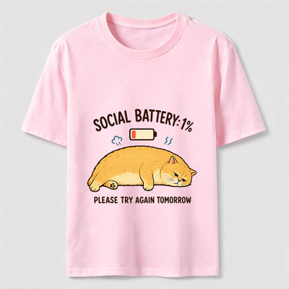 Social Battery 1% Funny Introvert Cat Lover Graphic Tee