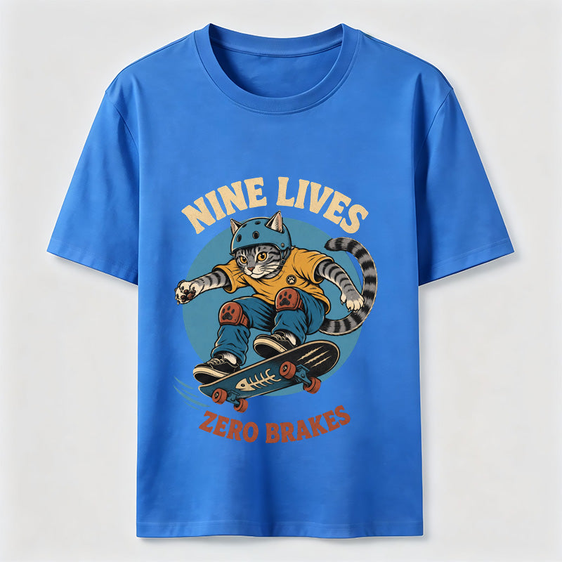 Nine Lives Zero Brakes Skateboarding Cat T-Shirt