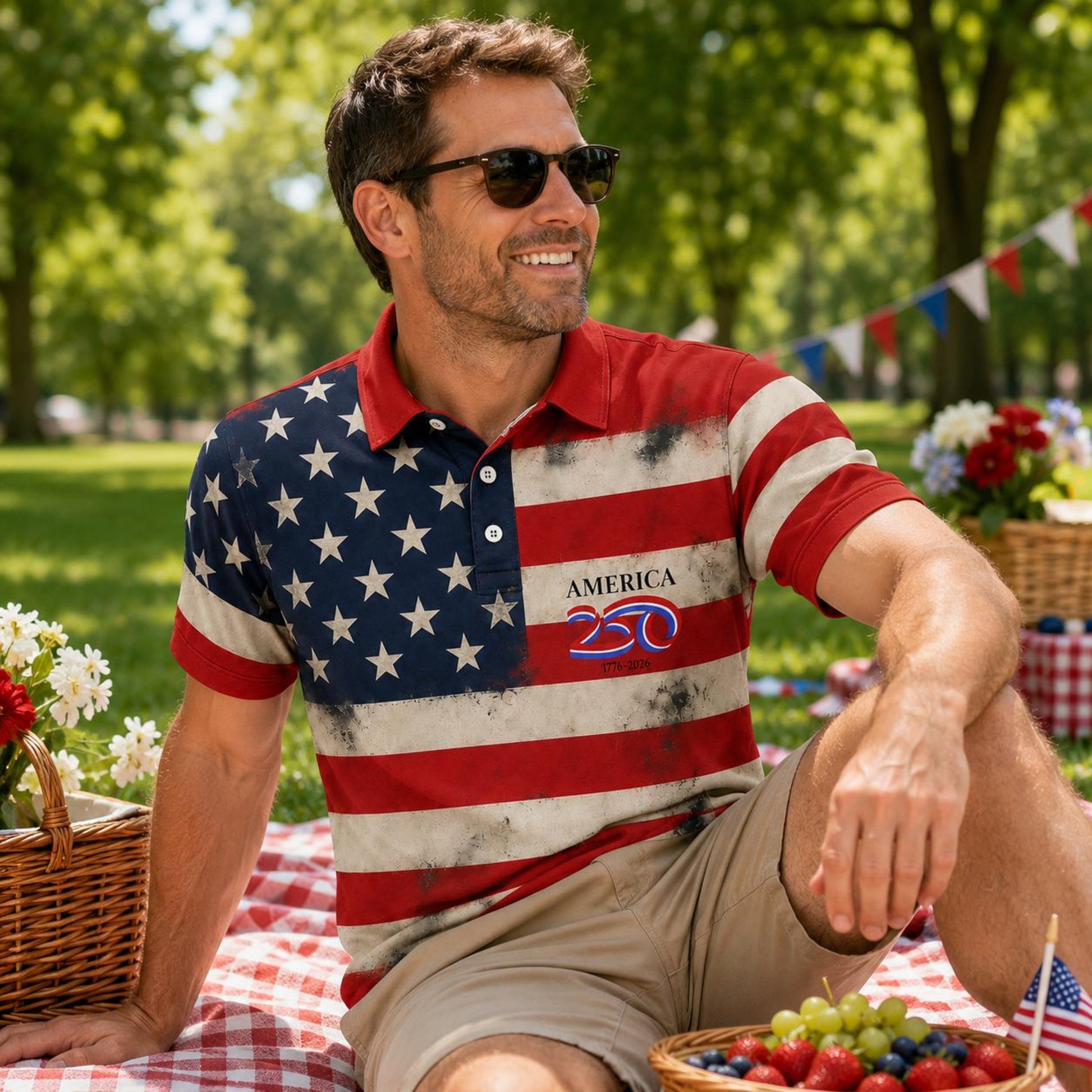 Vintage Patriotic Polo Shirt, USA Flag Mens Polo, 1776 2026 America 250th Shirt, 4th of July Summer Shirt