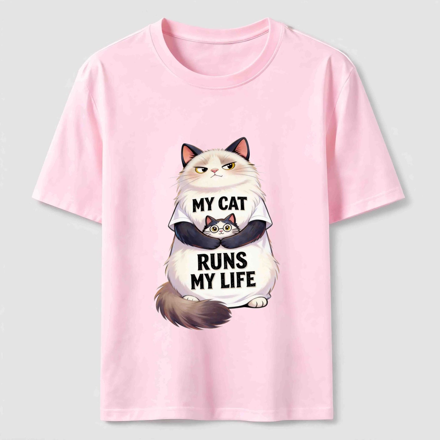 My Cat Runs My Life Funny Cat Lover Graphic Tee