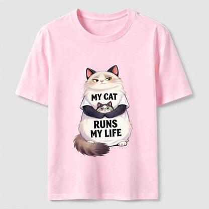 My Cat Runs My Life Funny Cat Lover Graphic Tee
