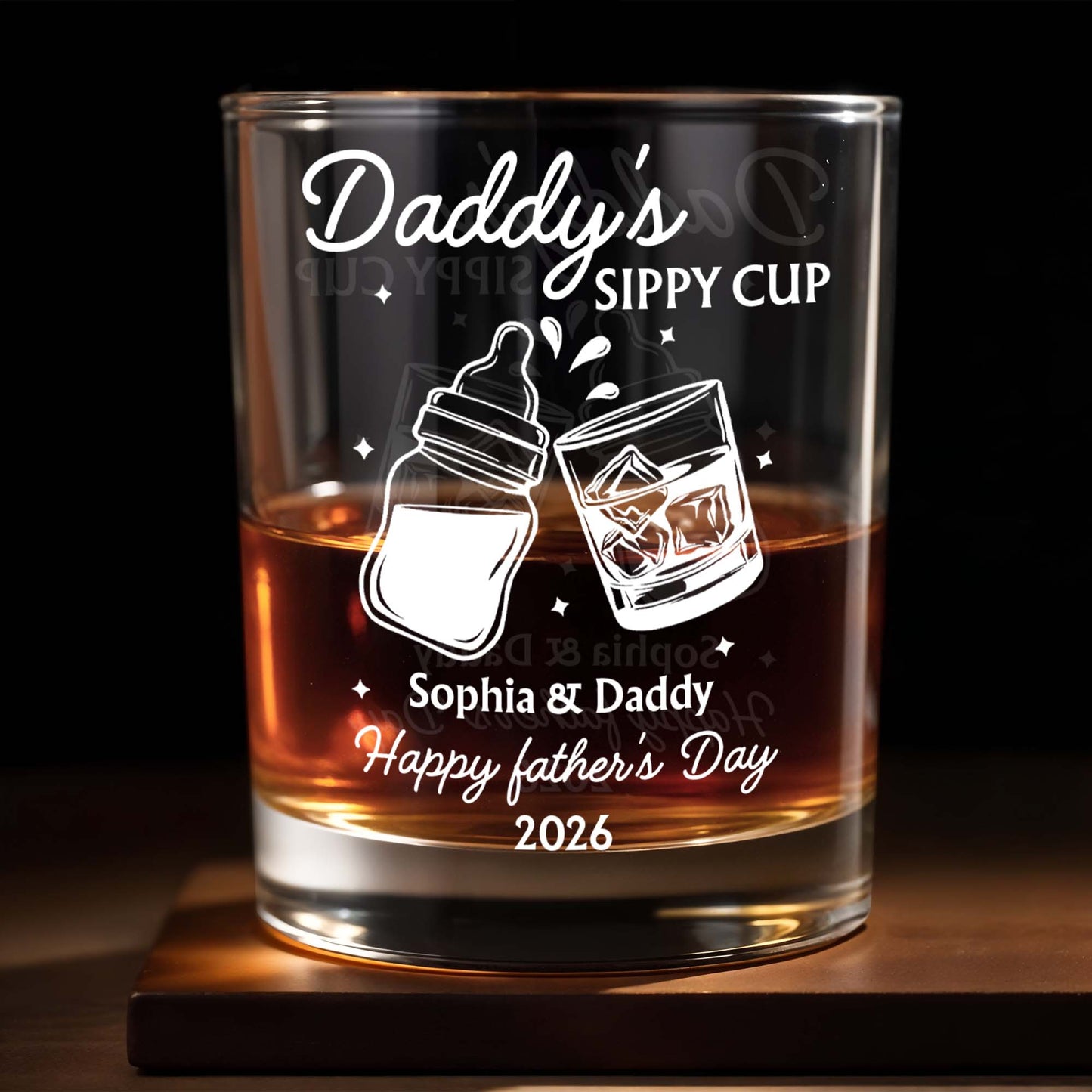 Custom Daddy's Sippy Cup Whiskey Glass for Dad with personalized design details for meaningful gifting