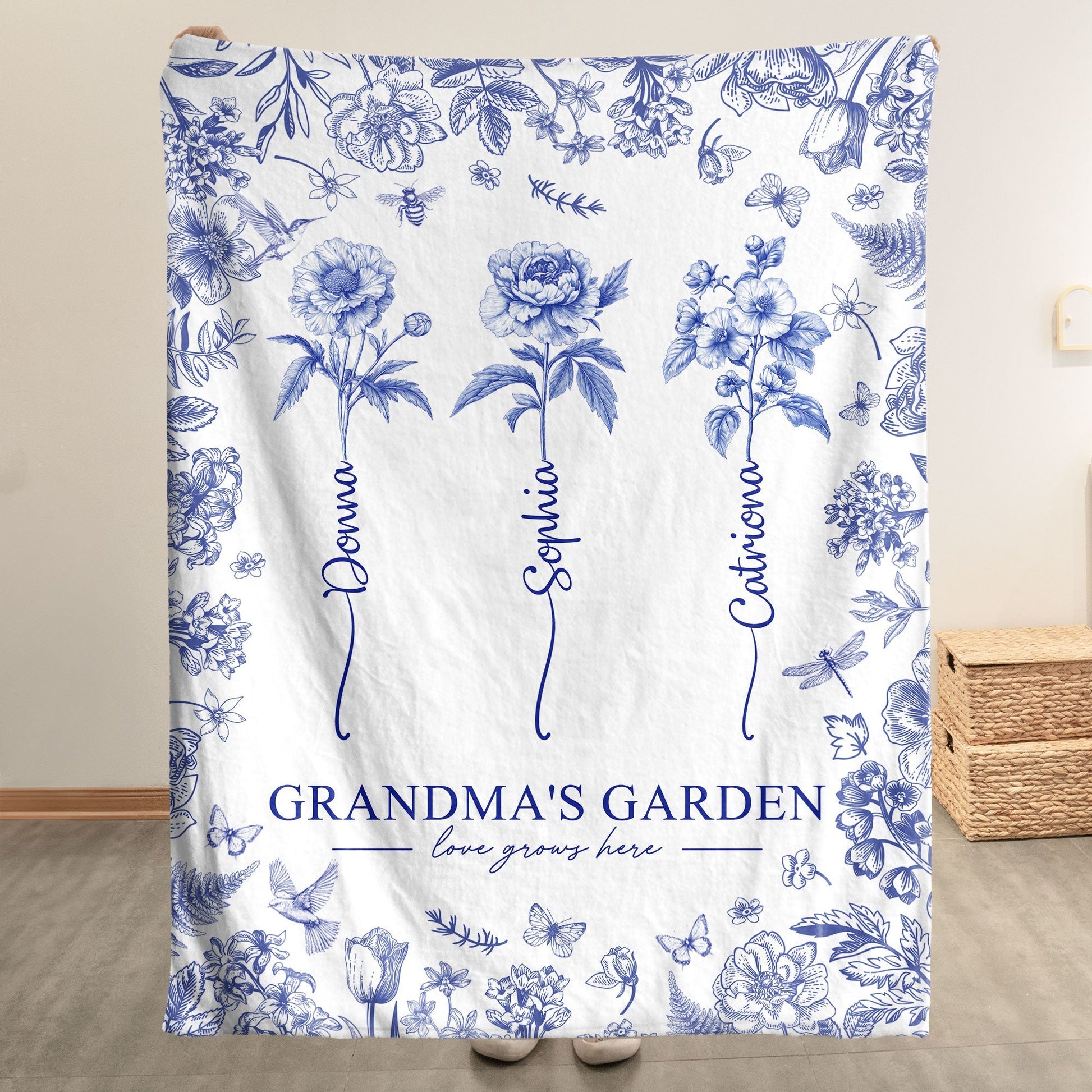Grandma's Garden - Personalized Custom Kids Birth Flower Toile De Jouy Blanket