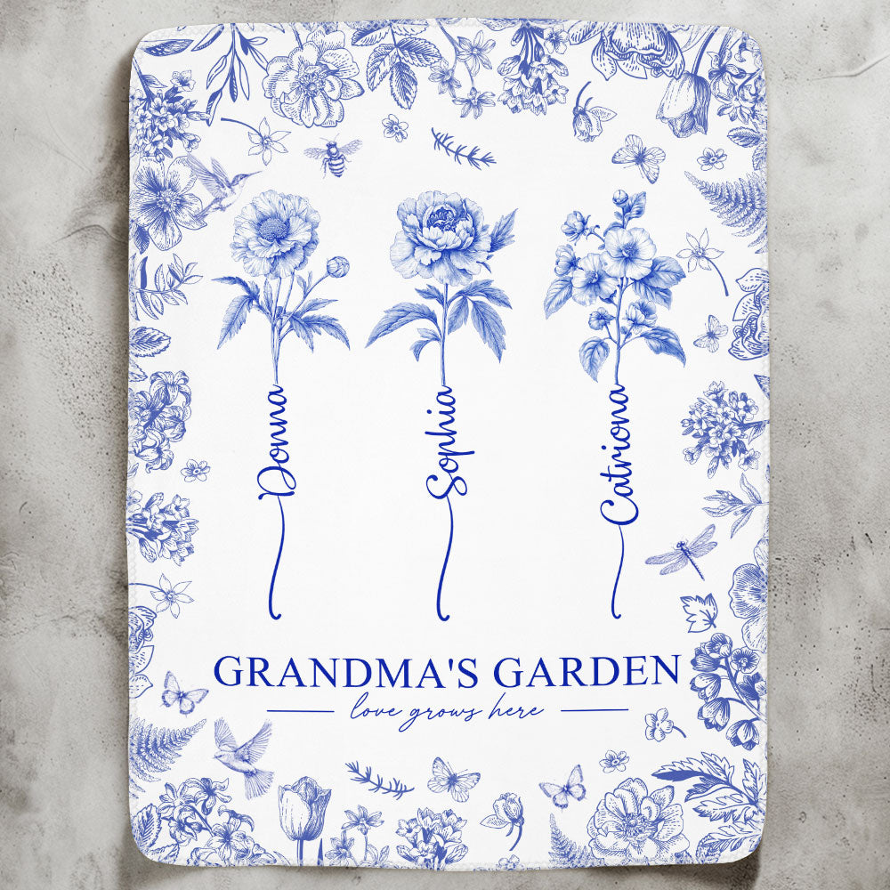 Grandma's Garden - Personalized Custom Kids Birth Flower Toile De Jouy Blanket