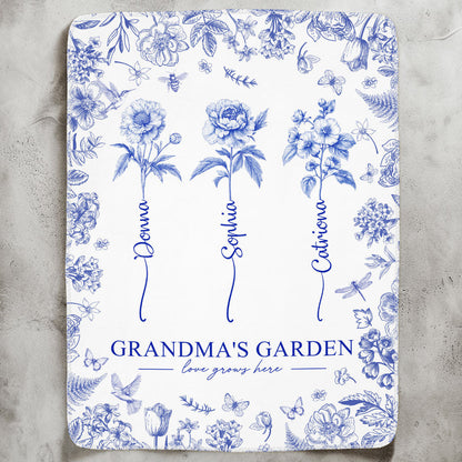 Grandma's Garden - Personalized Custom Kids Birth Flower Toile De Jouy Blanket