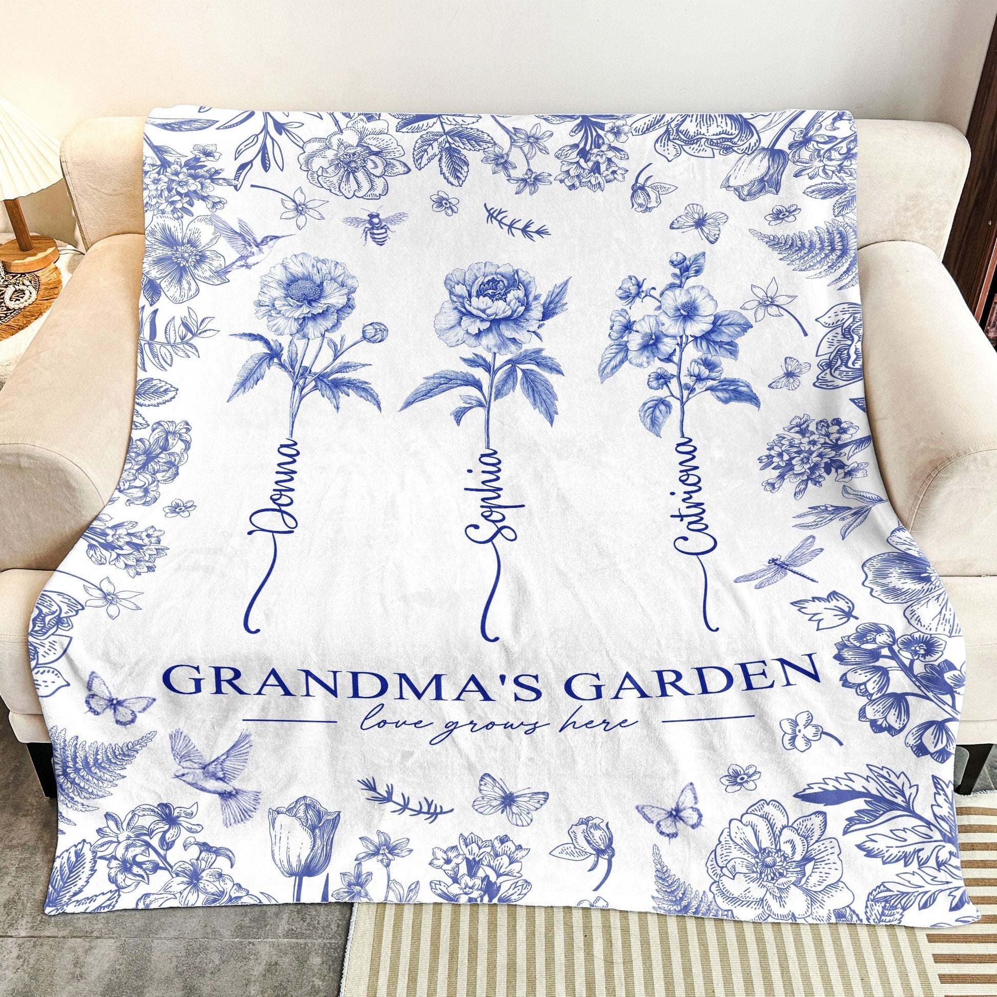 Grandma's Garden - Personalized Custom Kids Birth Flower Toile De Jouy Blanket