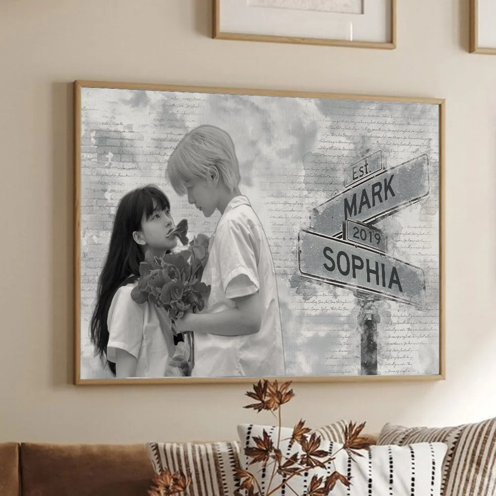 Couple's Anniversary Photo Canvas: Custom Street Sign Wall Art with Names & Year - Personalized Wedding, Birthday, or Valentine's Day Gift
