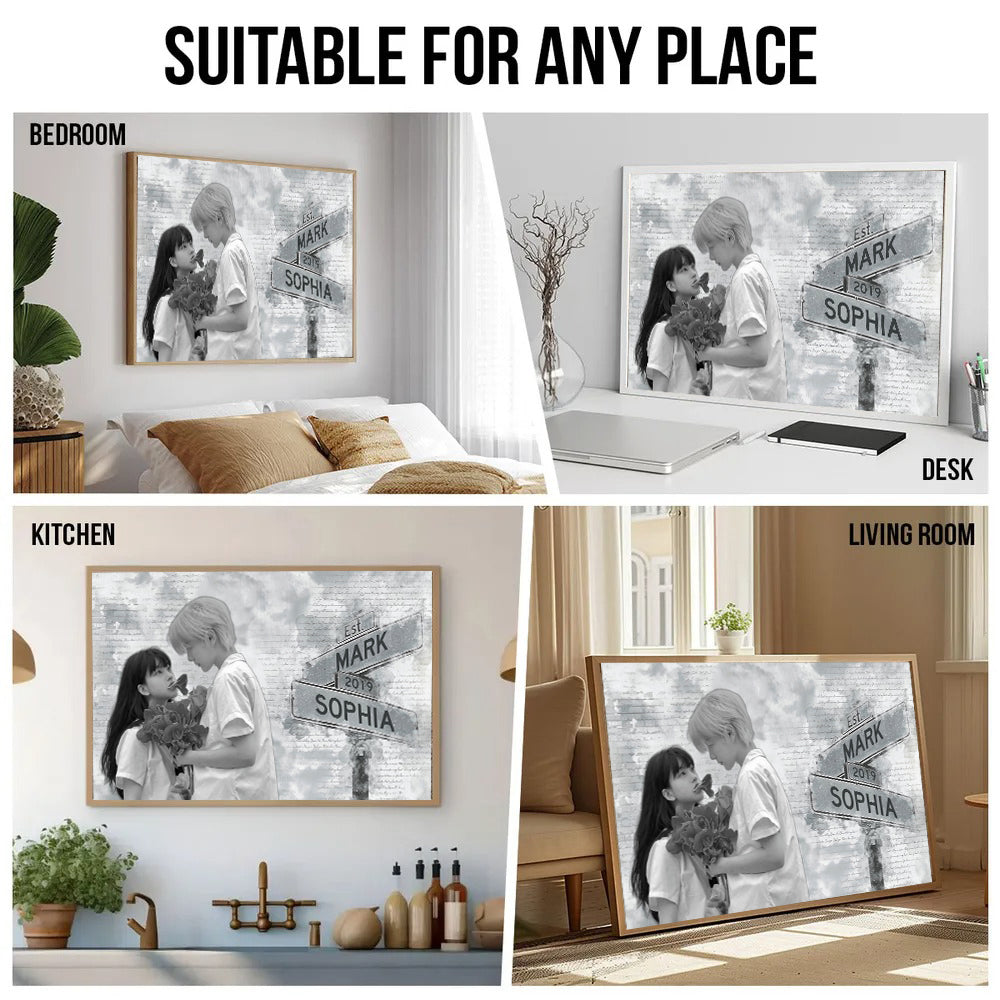Couple's Anniversary Photo Canvas: Custom Street Sign Wall Art with Names & Year - Personalized Wedding, Birthday, or Valentine's Day Gift