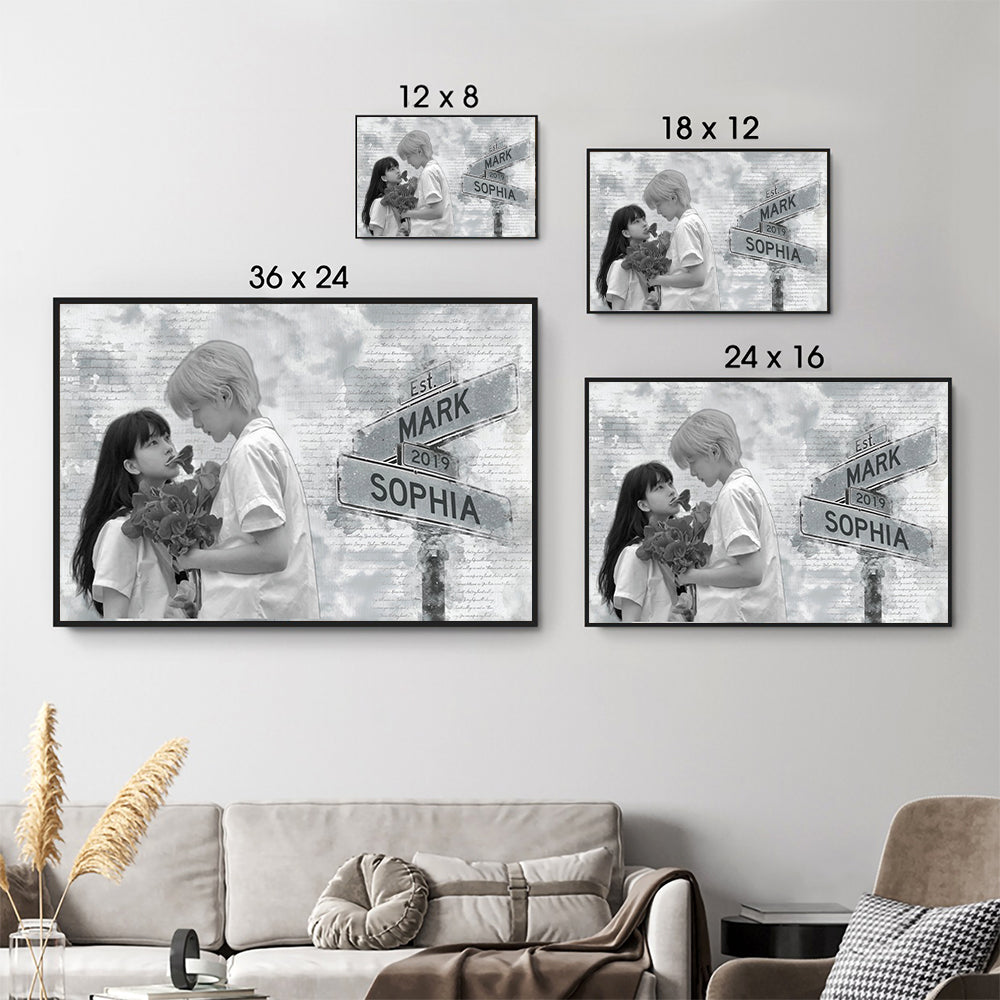 Couple's Anniversary Photo Canvas: Custom Street Sign Wall Art with Names & Year - Personalized Wedding, Birthday, or Valentine's Day Gift