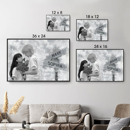 Couple's Anniversary Photo Canvas: Custom Street Sign Wall Art with Names & Year - Personalized Wedding, Birthday, or Valentine's Day Gift