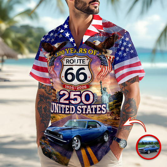 Celebrate 100 Years of Road Route 66 and America 250th Anniversary Custom Car Photo Hawaiian Shirt CH07 910378