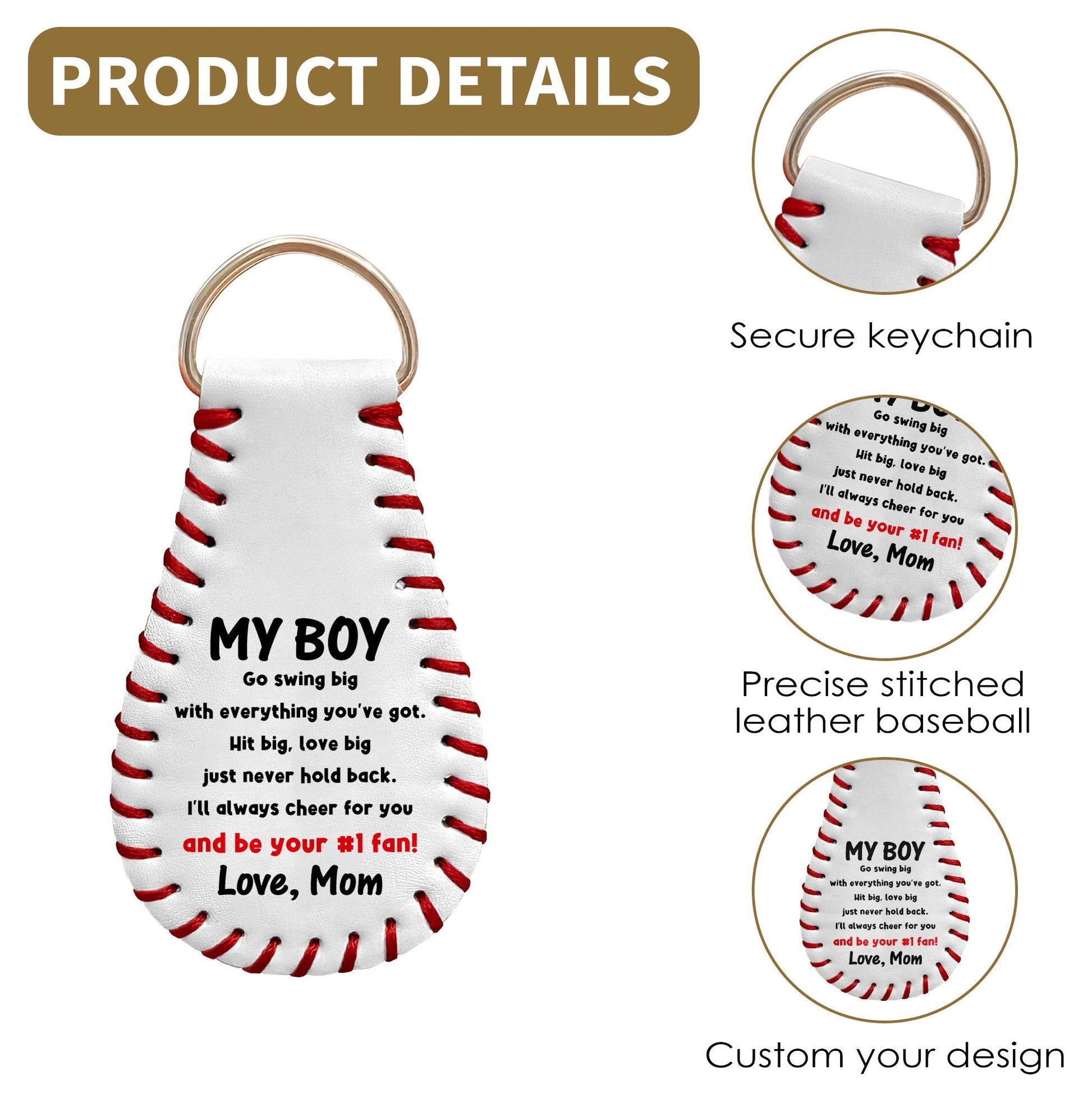 Keychain material and size view - Personalized Baseball Keychain