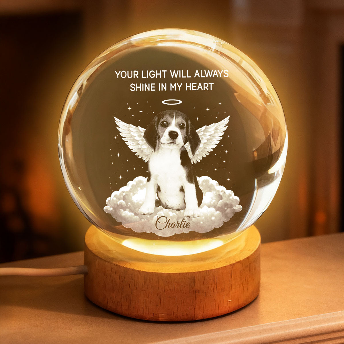 Your Light Will Always Shine in My Heart - Personalized Pet Memorial Crystal Ball LED Night Light