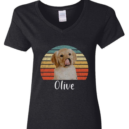 GeckoCustom Personalized Custom Photo Dog Shirt, Dog Vintage Retro Photo Shirt, Gift For Dog Lover Women V-neck T Shirt / V Black / S