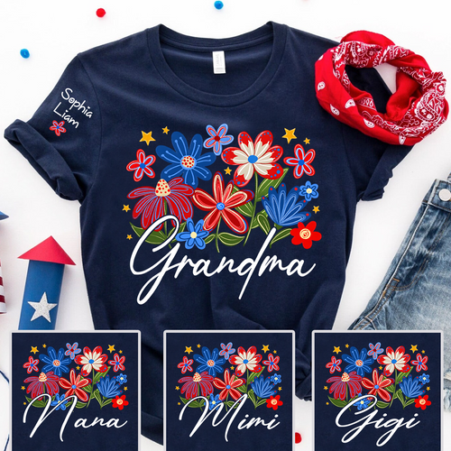 Personalized Grandma T Shirt with Colorful Floral Design, Custom Gift for Grandma, Perfect for Mother’s Day, 4th of July Shirt