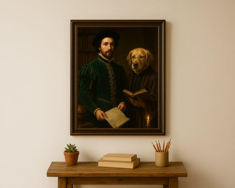 Pet Portrait, Human and pet custom portrait, Birthday Gift Idea, Funny Dog Portrait, Gift For Him, Dog Portrait, Man Cave, Gift for husband