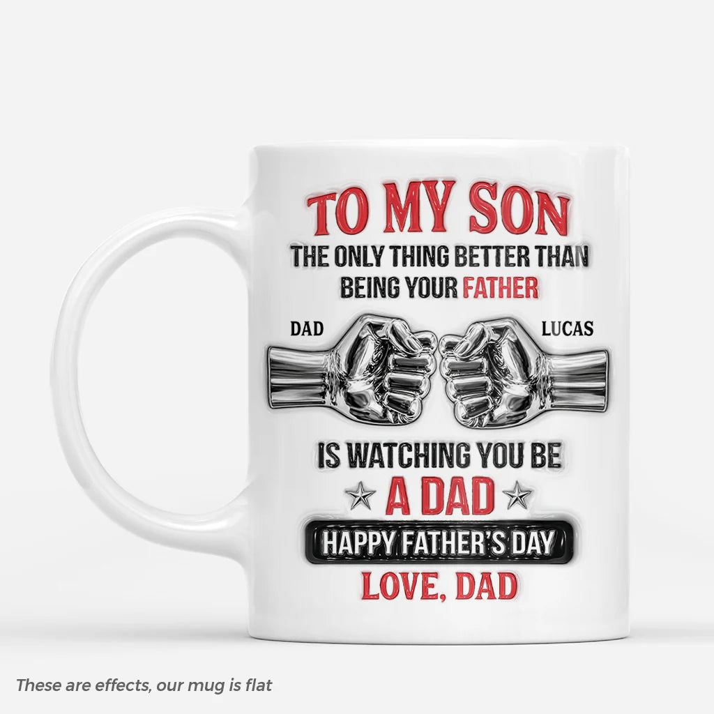Personalized Watching You Be A Dad mug with silver fist bump design for son or grandson